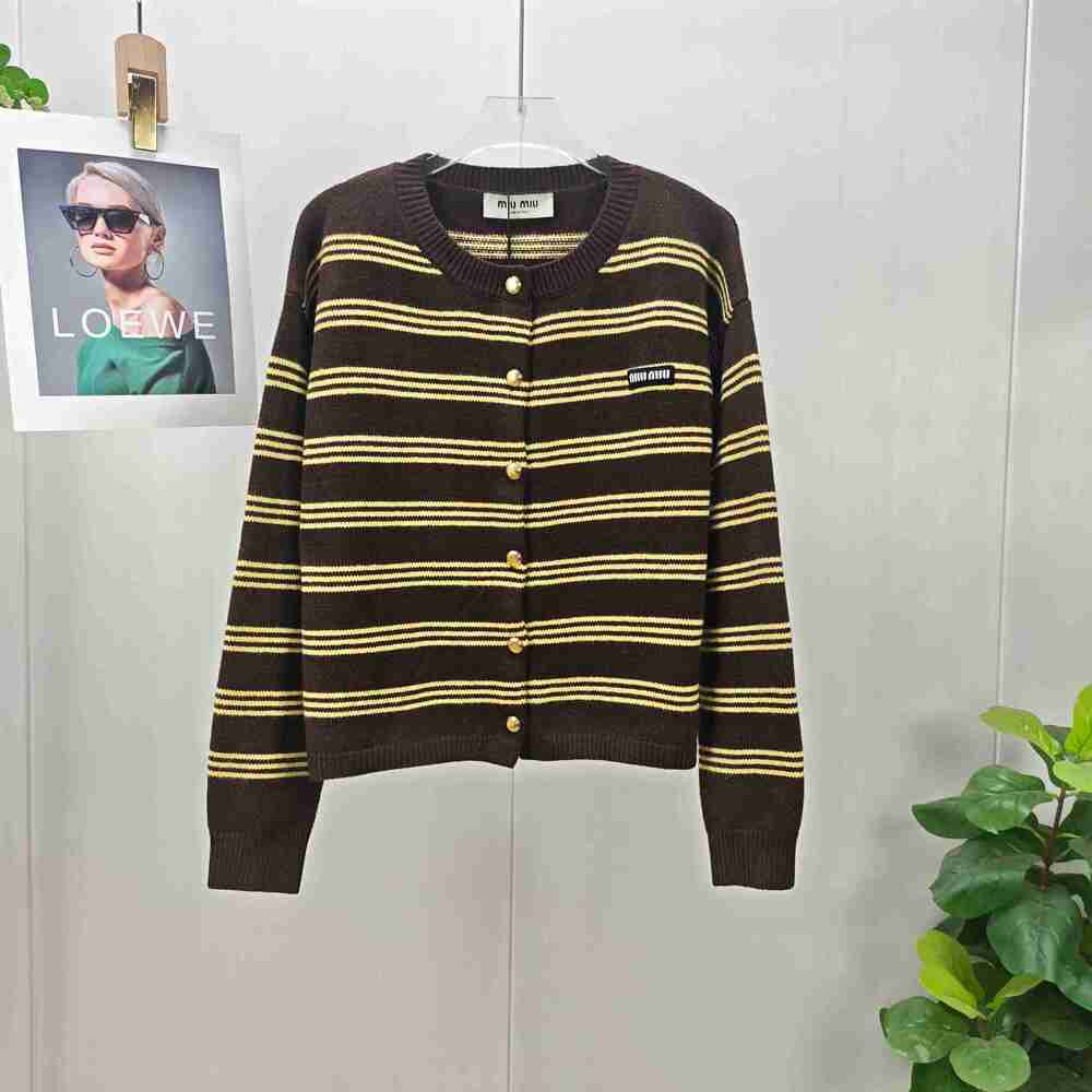 Miu Miu Brown & Yellow Striped Knit Cardigan